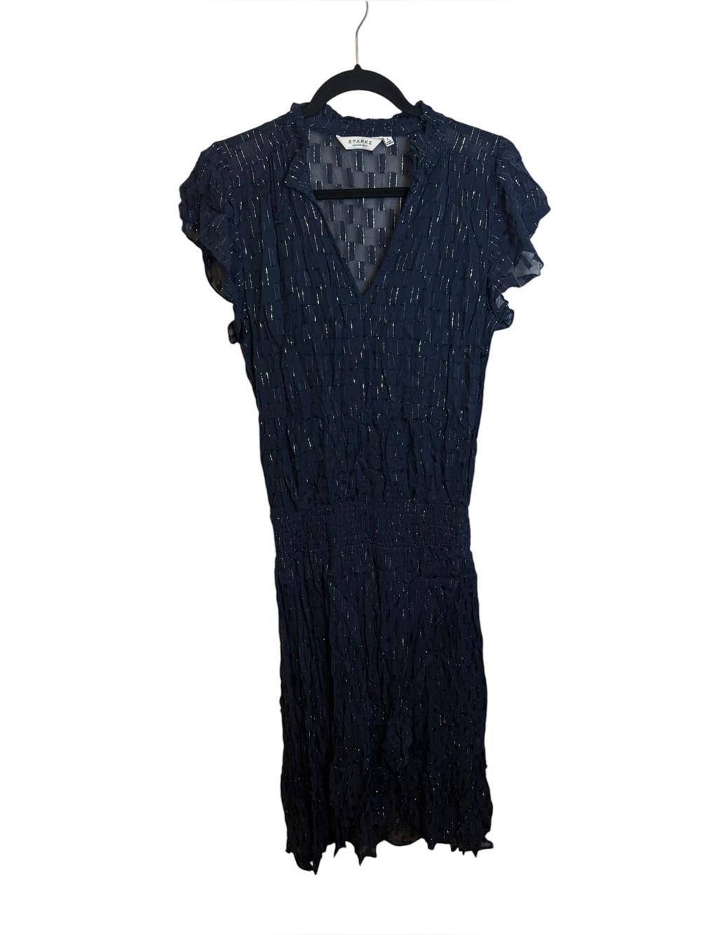 Sparkz Copenhagen Vilma Navy Blue and Gold Flutter Sleeve Midi Dress